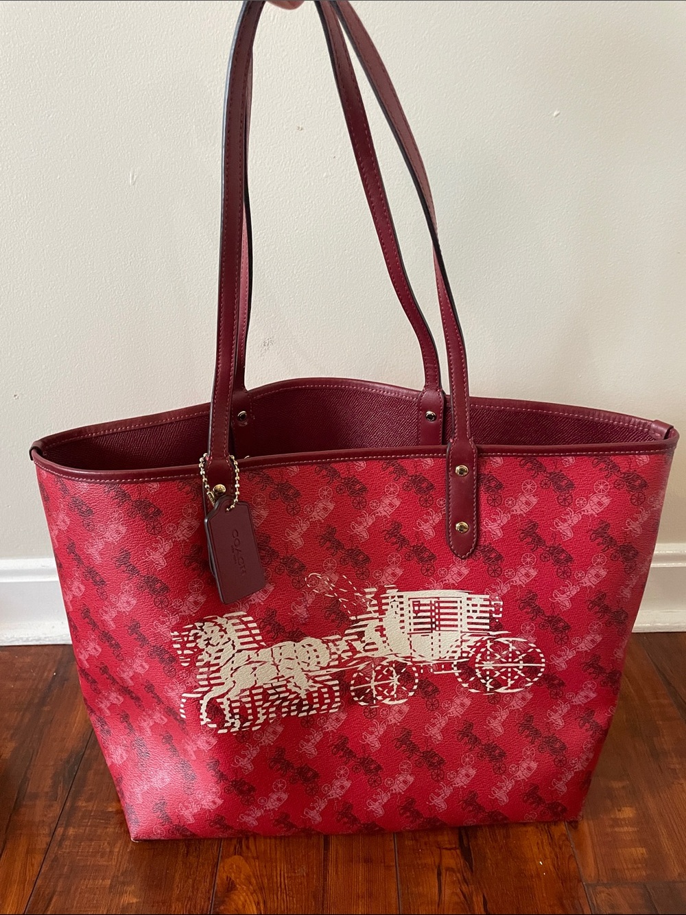 Coach Horse and Carriage Reversible City Tote F82135 Bright Red Cherry Large